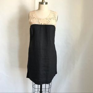 LOFT |  Linen Dress Black Beige Cotton Lace Detail Short Shift Size 6